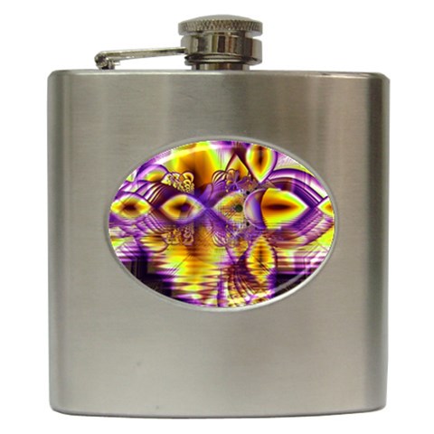 Golden Violet Crystal Palace, Abstract Cosmic Explosion Hip Flask from ArtsNow.com Front