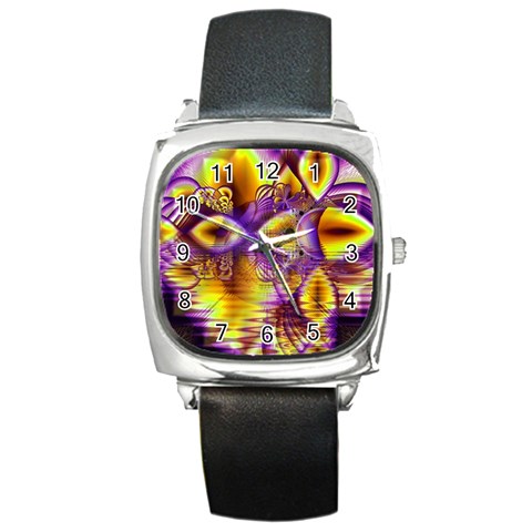 Golden Violet Crystal Palace, Abstract Cosmic Explosion Square Leather Watch from ArtsNow.com Front