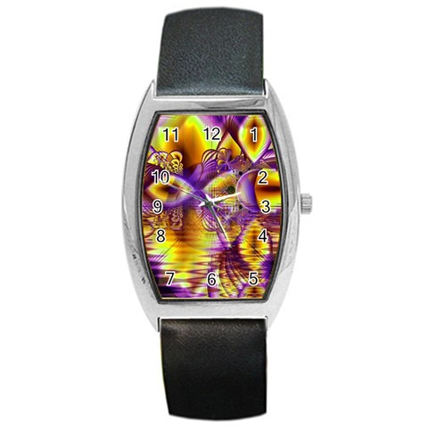 Golden Violet Crystal Palace, Abstract Cosmic Explosion Tonneau Leather Watch from ArtsNow.com Front