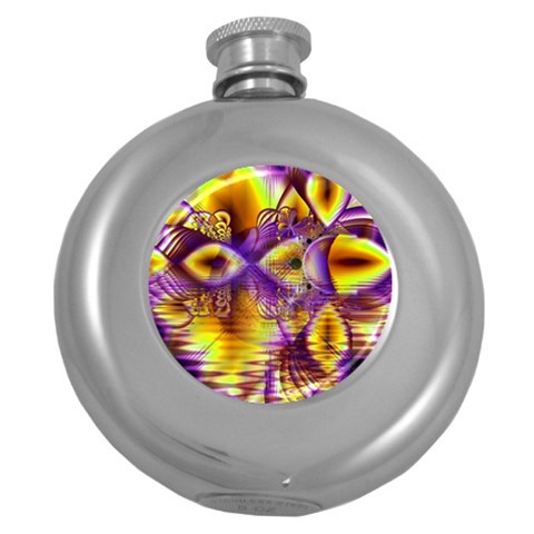 Golden Violet Crystal Palace, Abstract Cosmic Explosion Hip Flask (Round) from ArtsNow.com Front