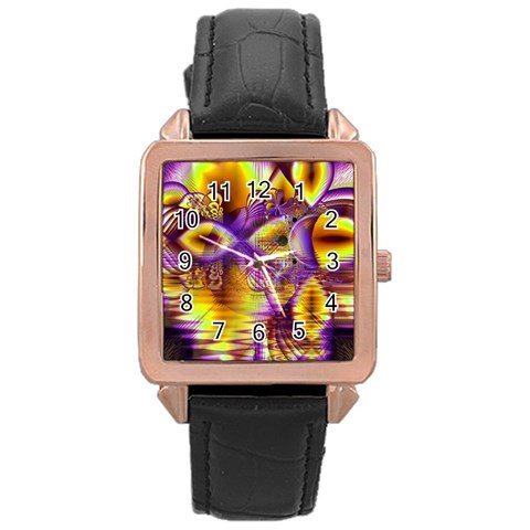 Golden Violet Crystal Palace, Abstract Cosmic Explosion Rose Gold Leather Watch  from ArtsNow.com Front