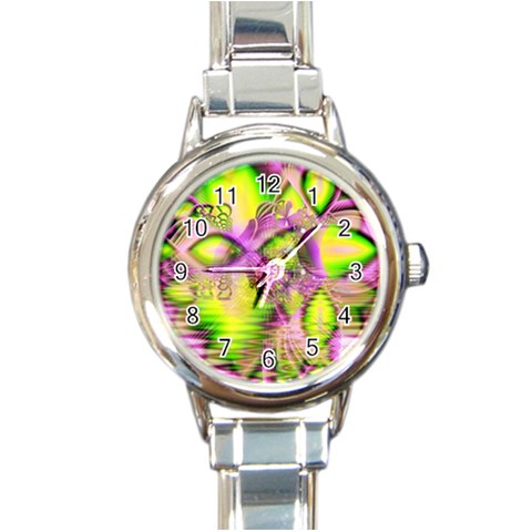 Raspberry Lime Mystical Magical Lake, Abstract  Round Italian Charm Watch from ArtsNow.com Front