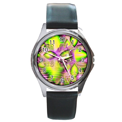 Raspberry Lime Mystical Magical Lake, Abstract  Round Leather Watch (Silver Rim) from ArtsNow.com Front