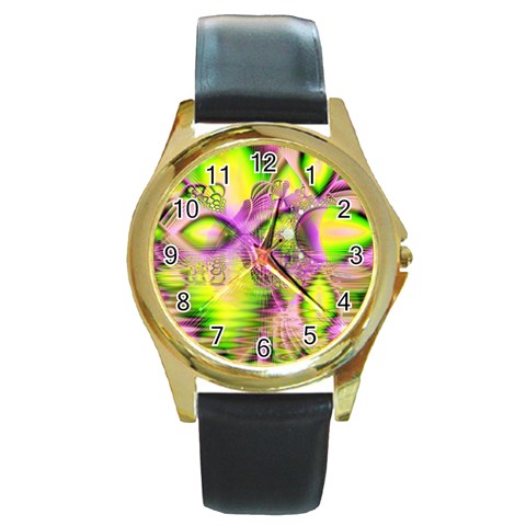 Raspberry Lime Mystical Magical Lake, Abstract  Round Leather Watch (Gold Rim)  from ArtsNow.com Front