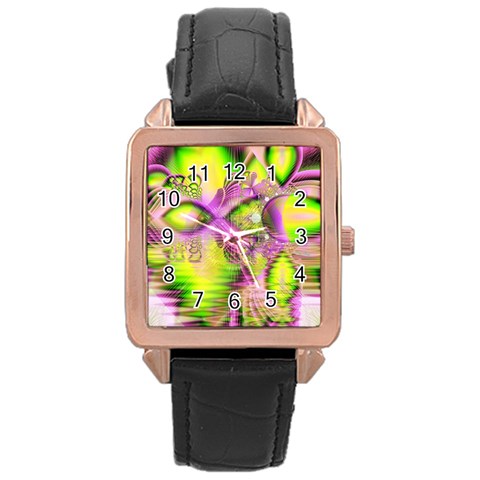 Raspberry Lime Mystical Magical Lake, Abstract  Rose Gold Leather Watch  from ArtsNow.com Front