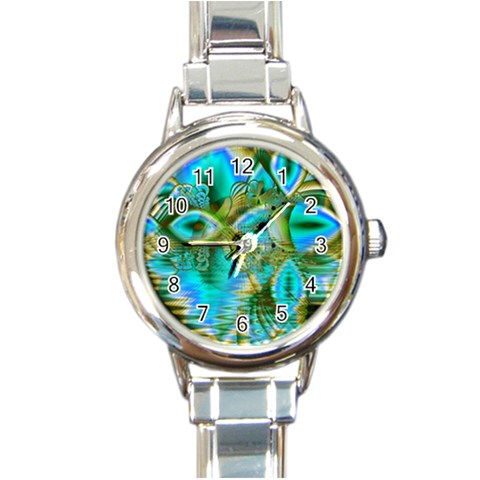 Crystal Gold Peacock, Abstract Mystical Lake Round Italian Charm Watch from ArtsNow.com Front