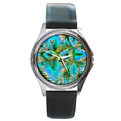 Crystal Gold Peacock, Abstract Mystical Lake Round Leather Watch (Silver Rim) from ArtsNow.com Front