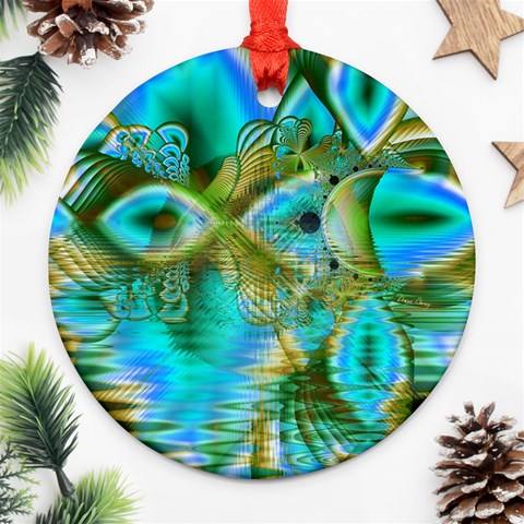 Crystal Gold Peacock, Abstract Mystical Lake Round Ornament from ArtsNow.com Front