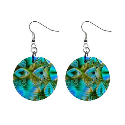 Crystal Gold Peacock, Abstract Mystical Lake Mini Button Earrings from ArtsNow.com Front