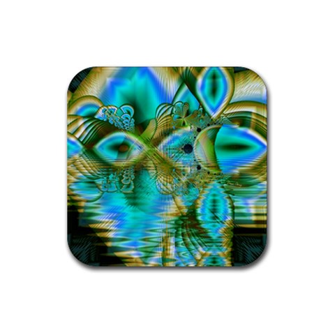 Crystal Gold Peacock, Abstract Mystical Lake Drink Coaster (Square) from ArtsNow.com Front