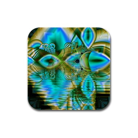 Crystal Gold Peacock, Abstract Mystical Lake Drink Coasters 4 Pack (Square) from ArtsNow.com Front