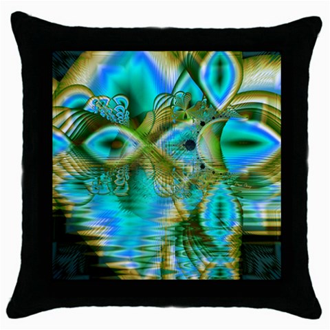 Crystal Gold Peacock, Abstract Mystical Lake Black Throw Pillow Case from ArtsNow.com Front