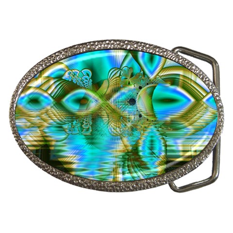 Crystal Gold Peacock, Abstract Mystical Lake Belt Buckle (Oval) from ArtsNow.com Front