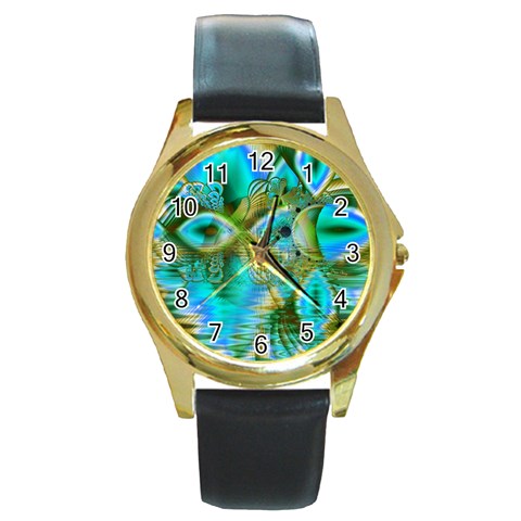 Crystal Gold Peacock, Abstract Mystical Lake Round Leather Watch (Gold Rim)  from ArtsNow.com Front