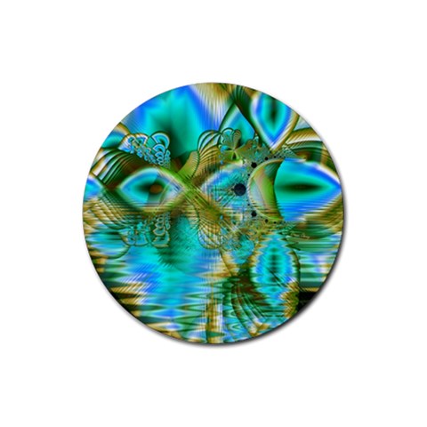 Crystal Gold Peacock, Abstract Mystical Lake Drink Coaster (Round) from ArtsNow.com Front