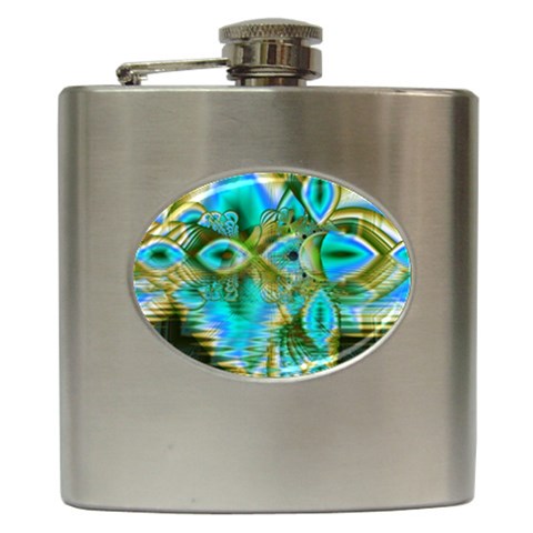 Crystal Gold Peacock, Abstract Mystical Lake Hip Flask from ArtsNow.com Front