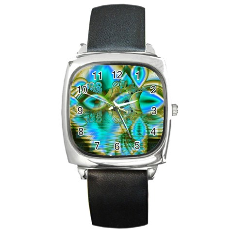 Crystal Gold Peacock, Abstract Mystical Lake Square Leather Watch from ArtsNow.com Front