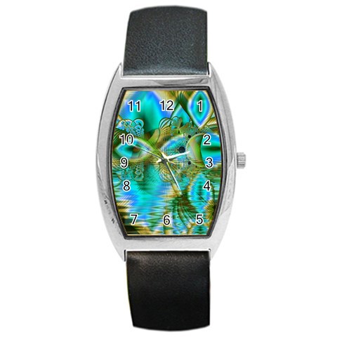 Crystal Gold Peacock, Abstract Mystical Lake Tonneau Leather Watch from ArtsNow.com Front