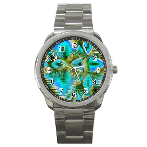 Crystal Gold Peacock, Abstract Mystical Lake Sport Metal Watch from ArtsNow.com Front