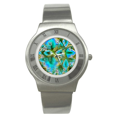 Crystal Gold Peacock, Abstract Mystical Lake Stainless Steel Watch (Slim) from ArtsNow.com Front