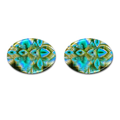 Crystal Gold Peacock, Abstract Mystical Lake Cufflinks (Oval) from ArtsNow.com Front(Pair)