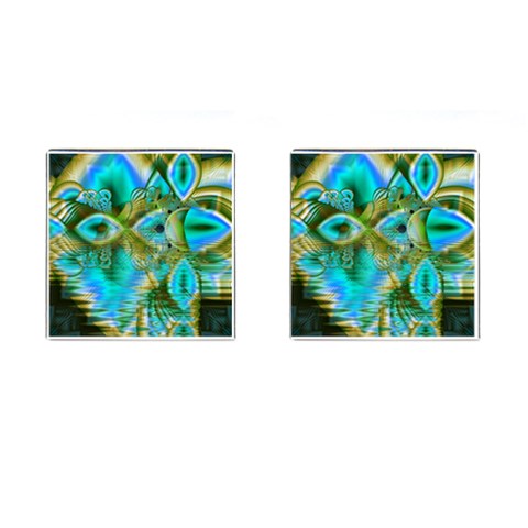 Crystal Gold Peacock, Abstract Mystical Lake Cufflinks (Square) from ArtsNow.com Front(Pair)