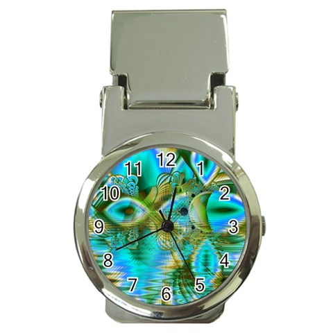 Crystal Gold Peacock, Abstract Mystical Lake Money Clip with Watch from ArtsNow.com Front