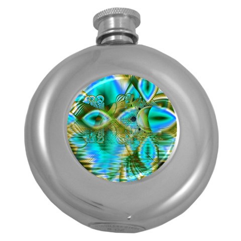 Crystal Gold Peacock, Abstract Mystical Lake Hip Flask (Round) from ArtsNow.com Front