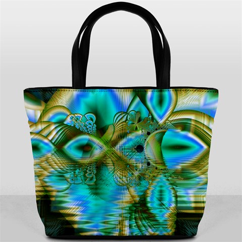 Crystal Gold Peacock, Abstract Mystical Lake Bucket Handbag from ArtsNow.com Front