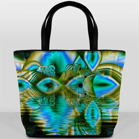 Crystal Gold Peacock, Abstract Mystical Lake Bucket Handbag from ArtsNow.com Back