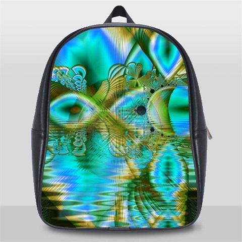 Crystal Gold Peacock, Abstract Mystical Lake School Bag (Large) from ArtsNow.com Front