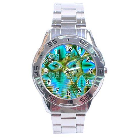 Crystal Gold Peacock, Abstract Mystical Lake Stainless Steel Watch from ArtsNow.com Front