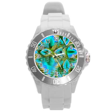 Crystal Gold Peacock, Abstract Mystical Lake Plastic Sport Watch (Large) from ArtsNow.com Front