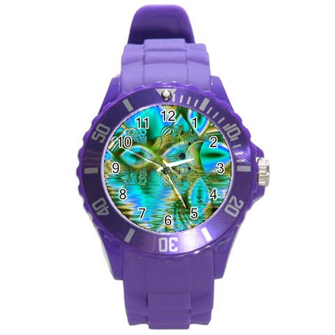 Crystal Gold Peacock, Abstract Mystical Lake Plastic Sport Watch (Large) from ArtsNow.com Front