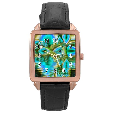 Crystal Gold Peacock, Abstract Mystical Lake Rose Gold Leather Watch  from ArtsNow.com Front