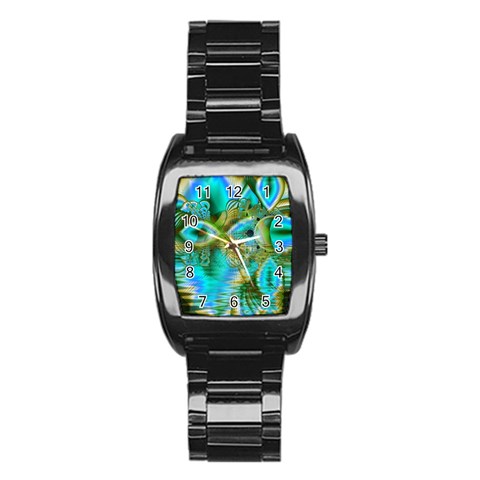 Crystal Gold Peacock, Abstract Mystical Lake Stainless Steel Barrel Watch from ArtsNow.com Front