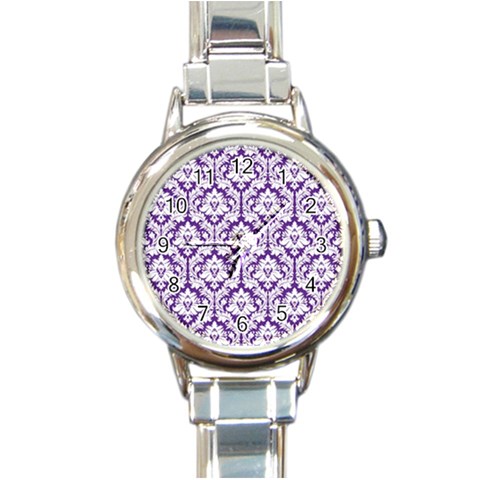 White on Purple Damask Round Italian Charm Watch from ArtsNow.com Front