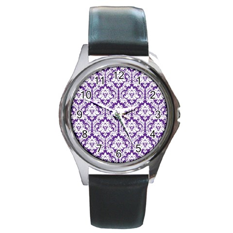 White on Purple Damask Round Leather Watch (Silver Rim) from ArtsNow.com Front