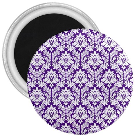 White on Purple Damask 3  Button Magnet from ArtsNow.com Front