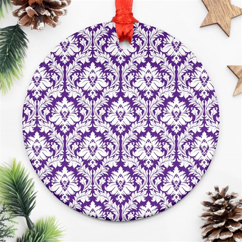 White on Purple Damask Round Ornament from ArtsNow.com Front