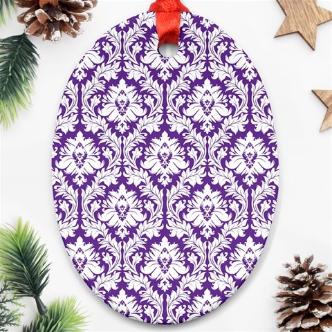 White on Purple Damask Oval Ornament from ArtsNow.com Front