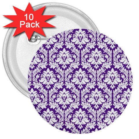 White on Purple Damask 3  Button (10 pack) from ArtsNow.com Front