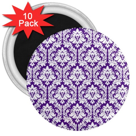 White on Purple Damask 3  Button Magnet (10 pack) from ArtsNow.com Front