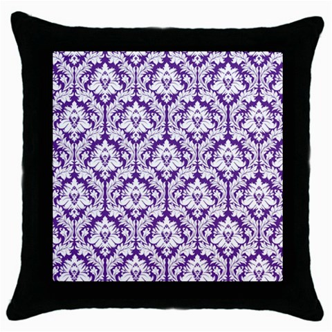 White on Purple Damask Black Throw Pillow Case from ArtsNow.com Front