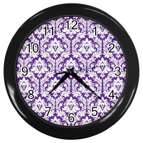 White on Purple Damask Wall Clock (Black) from ArtsNow.com Front