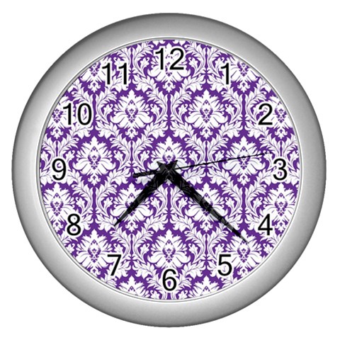 White on Purple Damask Wall Clock (Silver) from ArtsNow.com Front