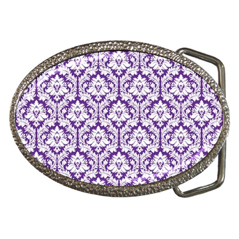 White on Purple Damask Belt Buckle (Oval) from ArtsNow.com Front