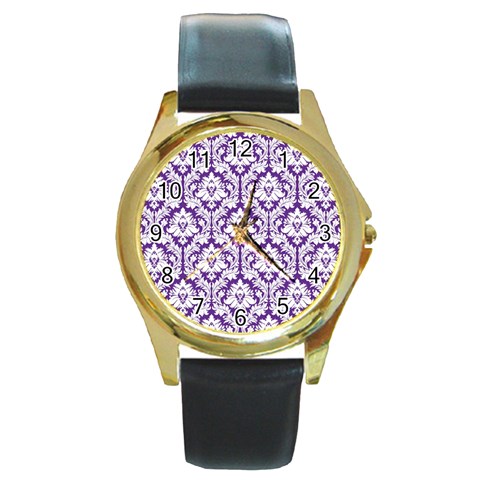 White on Purple Damask Round Leather Watch (Gold Rim)  from ArtsNow.com Front