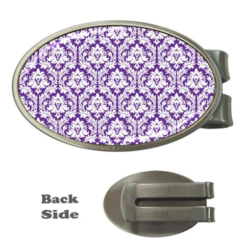 White on Purple Damask Money Clip (Oval) from ArtsNow.com Front