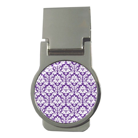 White on Purple Damask Money Clip (Round) from ArtsNow.com Front